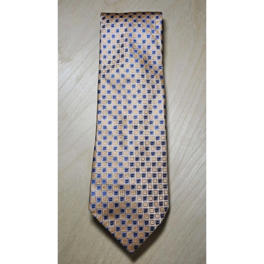 Tommy Hilfiger 100% Silk Tie Gold Blue Geometric Men's Designer Necktie